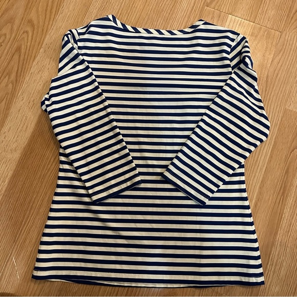 J. McLaughlin blue cream/white stripe 3/4 length size medium shirt - Picture 5 of 9